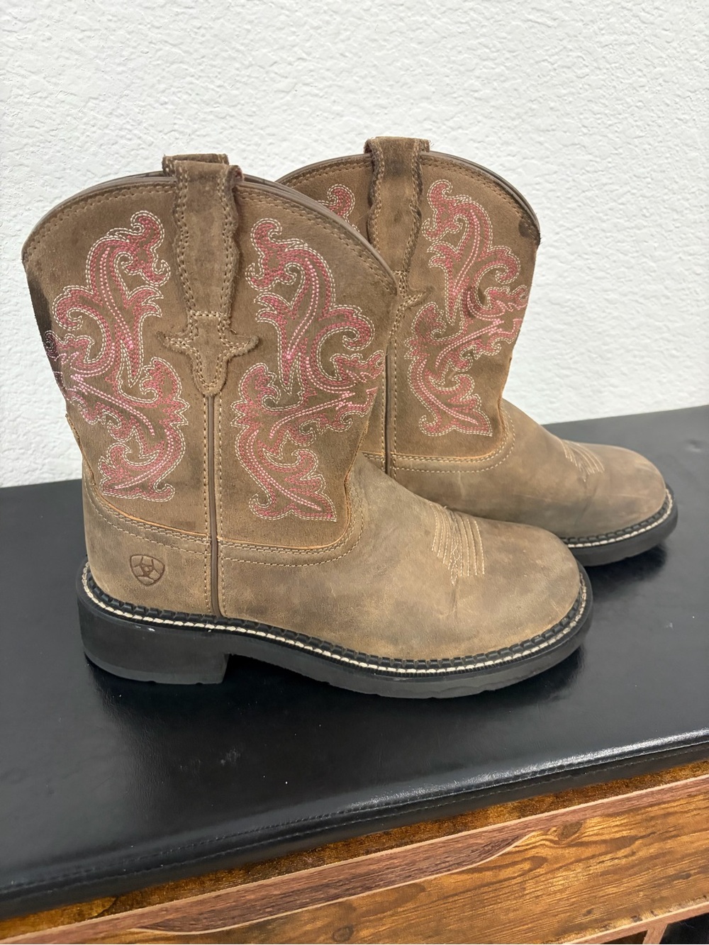 Ariat Tan leather Suede woman’s Western Boots with Pink Stitching